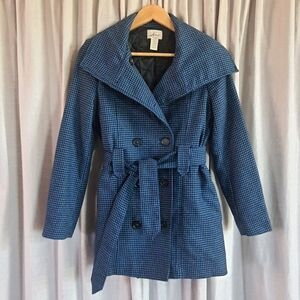 Women's Levi's Blue Wool Houndstooth Pea Coat Jacket Waist Tie Womens XS
